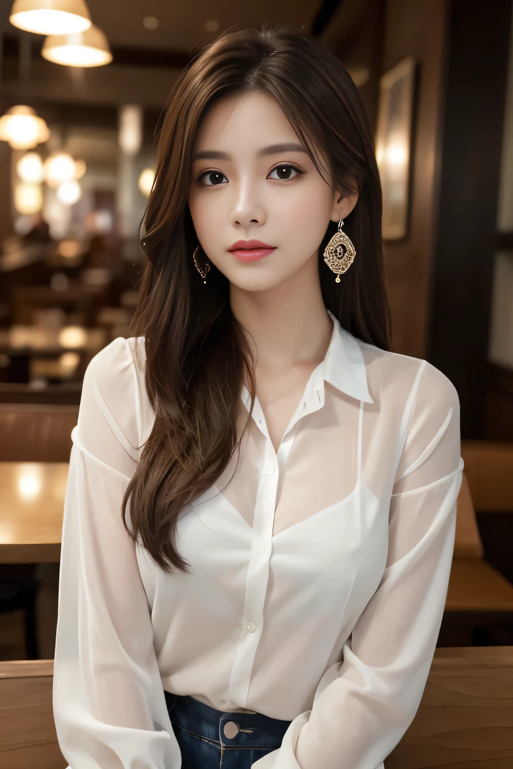 masterpiece, Highest quality, Realistic, Very detailed, Finer details, High resolution, 8k wallpaper, One beautiful woman, Wear a white see-through shirt, In a great restaurant, At night, Light brown messy hair, Perfect dynamic composition, Beautiful and beautiful eyes、Big earrings、