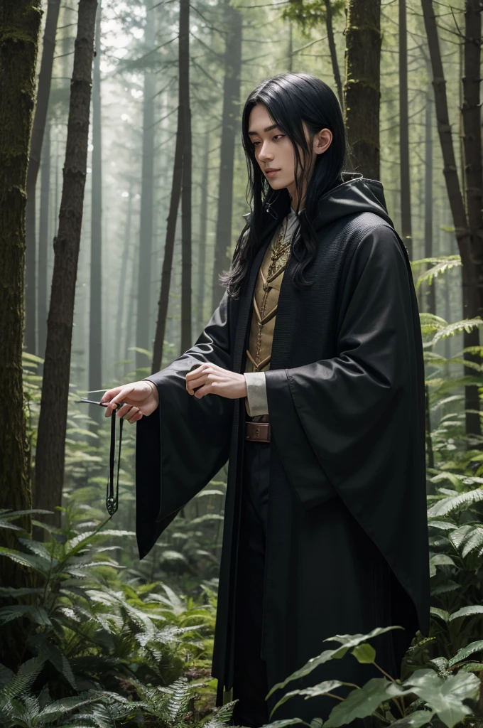 Create a wizard doing magic in a black-haired young forest