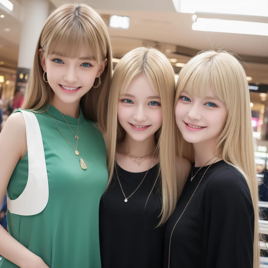 Tall blonde teenage girl with blue-green eyes bangs, together with her brunette friend with black eyes smiling in a shopping mall