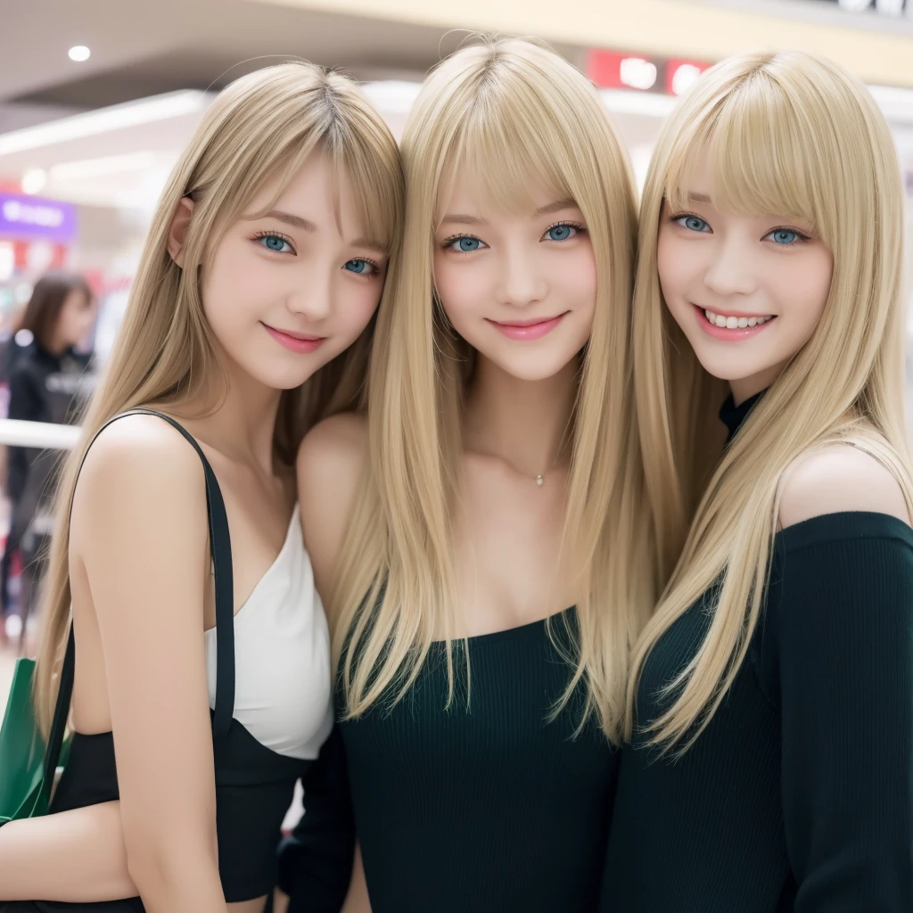 Tall blonde teenage girl with blue-green eyes bangs, together with her brunette friend with black eyes smiling in a shopping mall