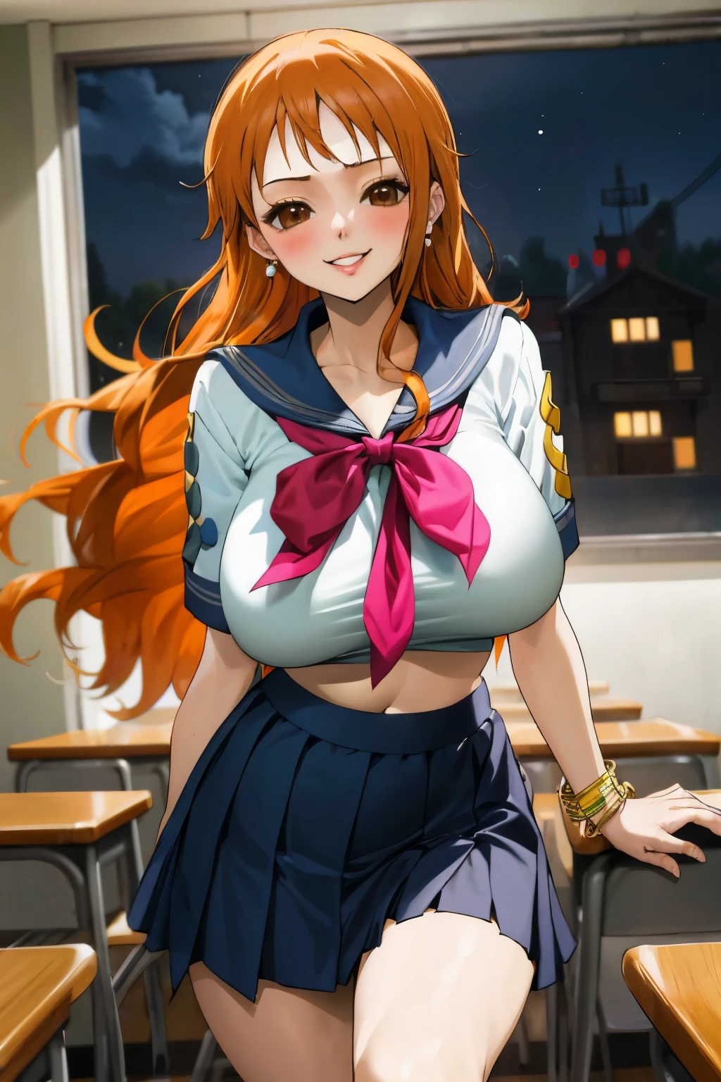 masterpiece, best quality, ultra-detailed, 1girl (namiop, Big and pretty breasts, , jewelry, earrings, dog collar, orange hair,long hair, brown eyes), wicked smile, makeup, glow lips, facing viewer, looking at viewer, solo, sailor,  navel, pleats skirt, mini skirt, wanostyle, night time, in the classroom, standing, Sexy waist teasing, , 