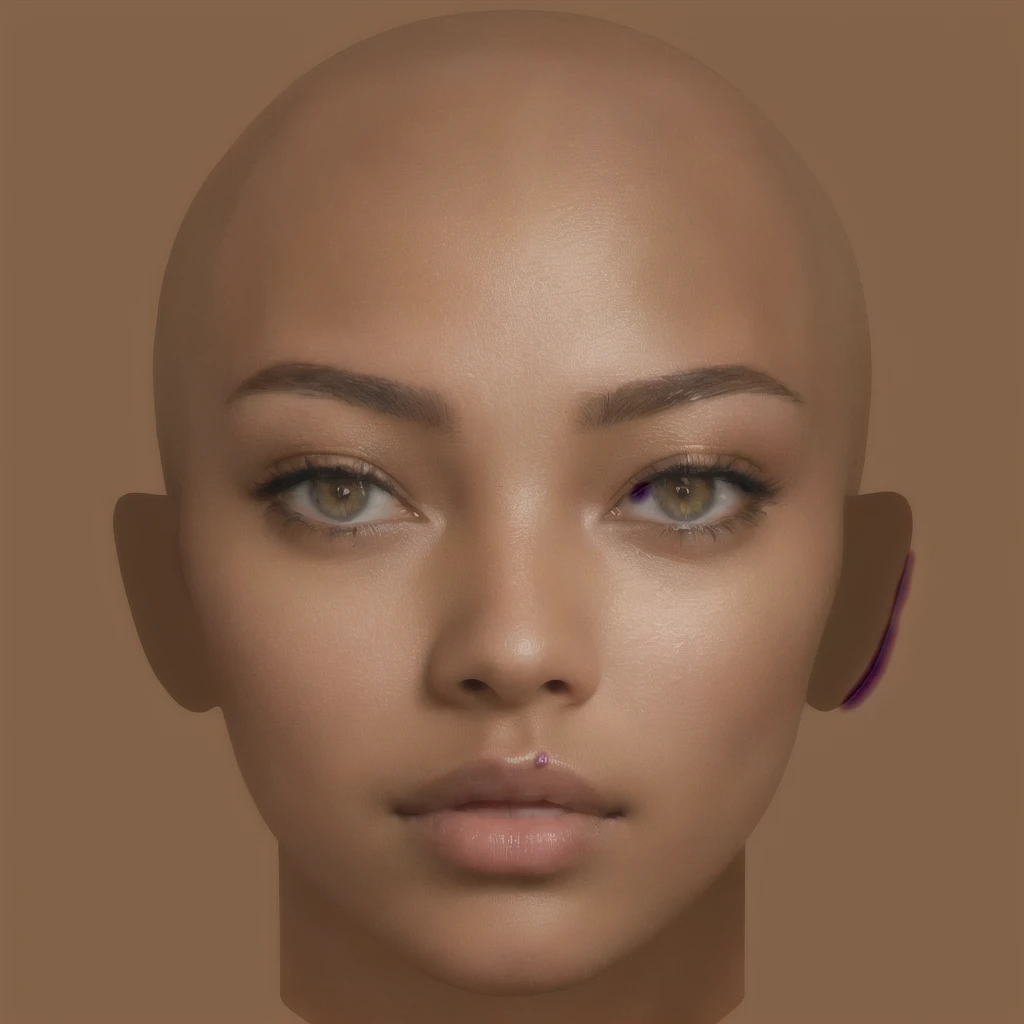 a close up of a woman with a bald head and a brown background, with very highly detailed face, highly detailed realistic face, detailed realistic face, natural face, skin with glam light, realistic beautiful face, beautiful realistic face, brown skin