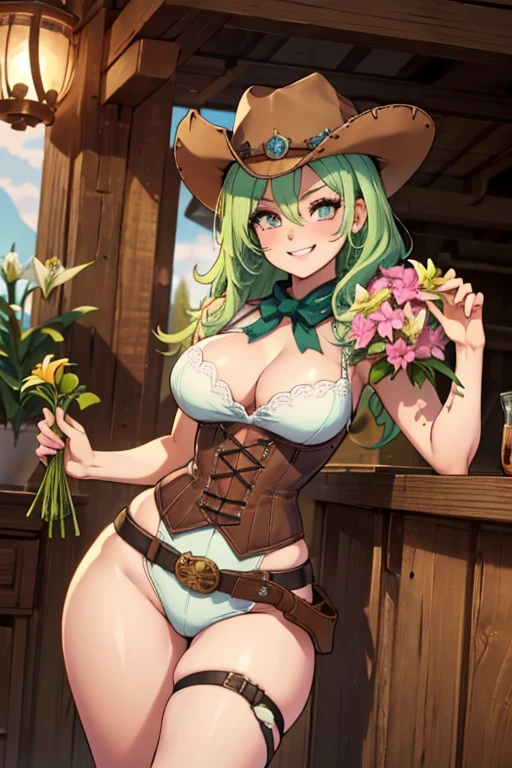 Perfect face, perfect hands. A light green haired female cowgirl with pink eyes and an hourglass figure in a conservative cowgirl outfit is holding a bouquet of lilies of a wild west home with a big smile