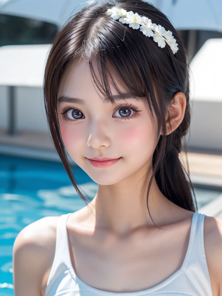 One Girl，Very cute girl at 16 years old，Big eyes:0.5，The face is facing straight ahead，Body facing forward，Beautiful nose，Fuller lips，Short black hair，ponytail，Detailed eyelashes，Thin eyebrows，Symmetrical eyes，Face close-up，White swimsuit，Portrait，View Viewer, half smile:0.5,