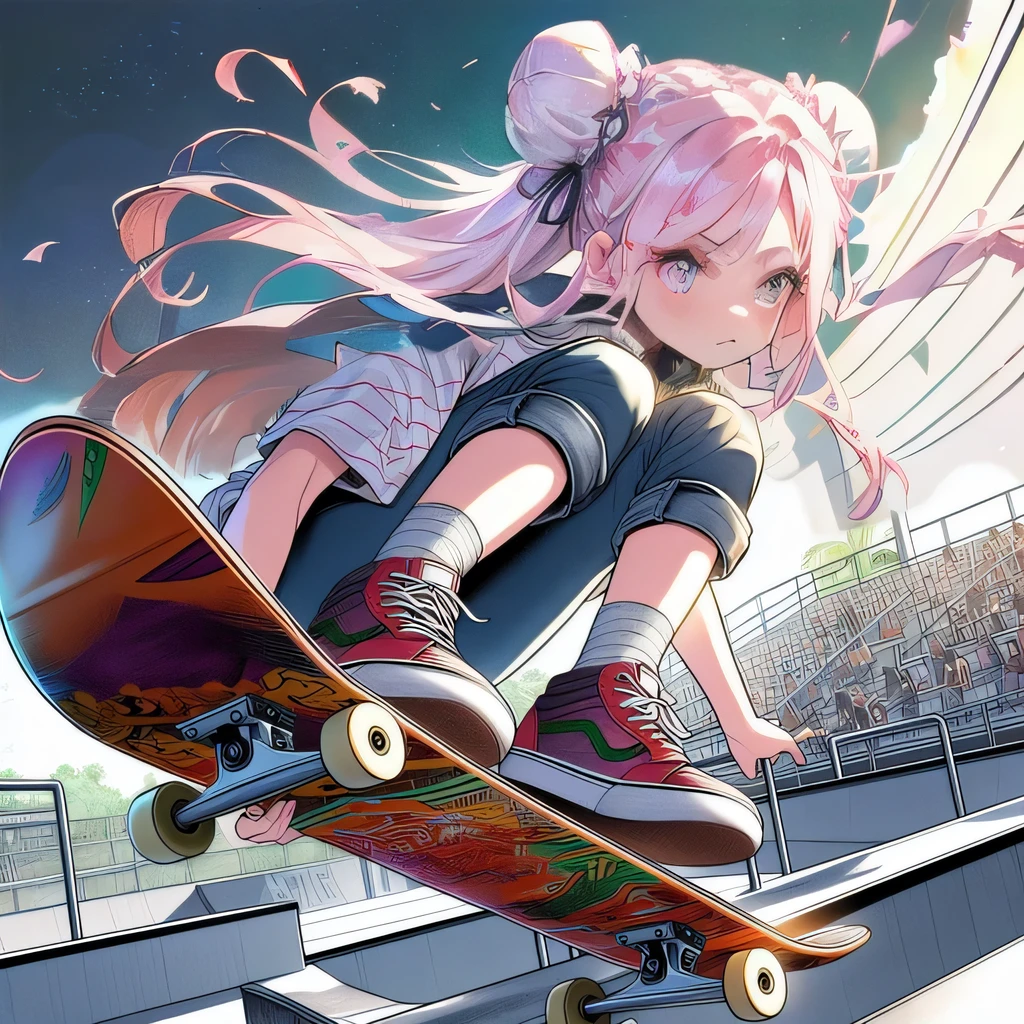 masterpiece, (((Highest quality))), (((High resolution))), {Detailed and beautiful eyes}, finely, Detailed and beautiful eyes,1 Girl, (alone:1.5), (Hair Ribbon:0.4), Pink Eyes,(((White bun hair))),(((Long pink hair))),(((Serious face))),(((Skateboarding Venues))),(((field))),