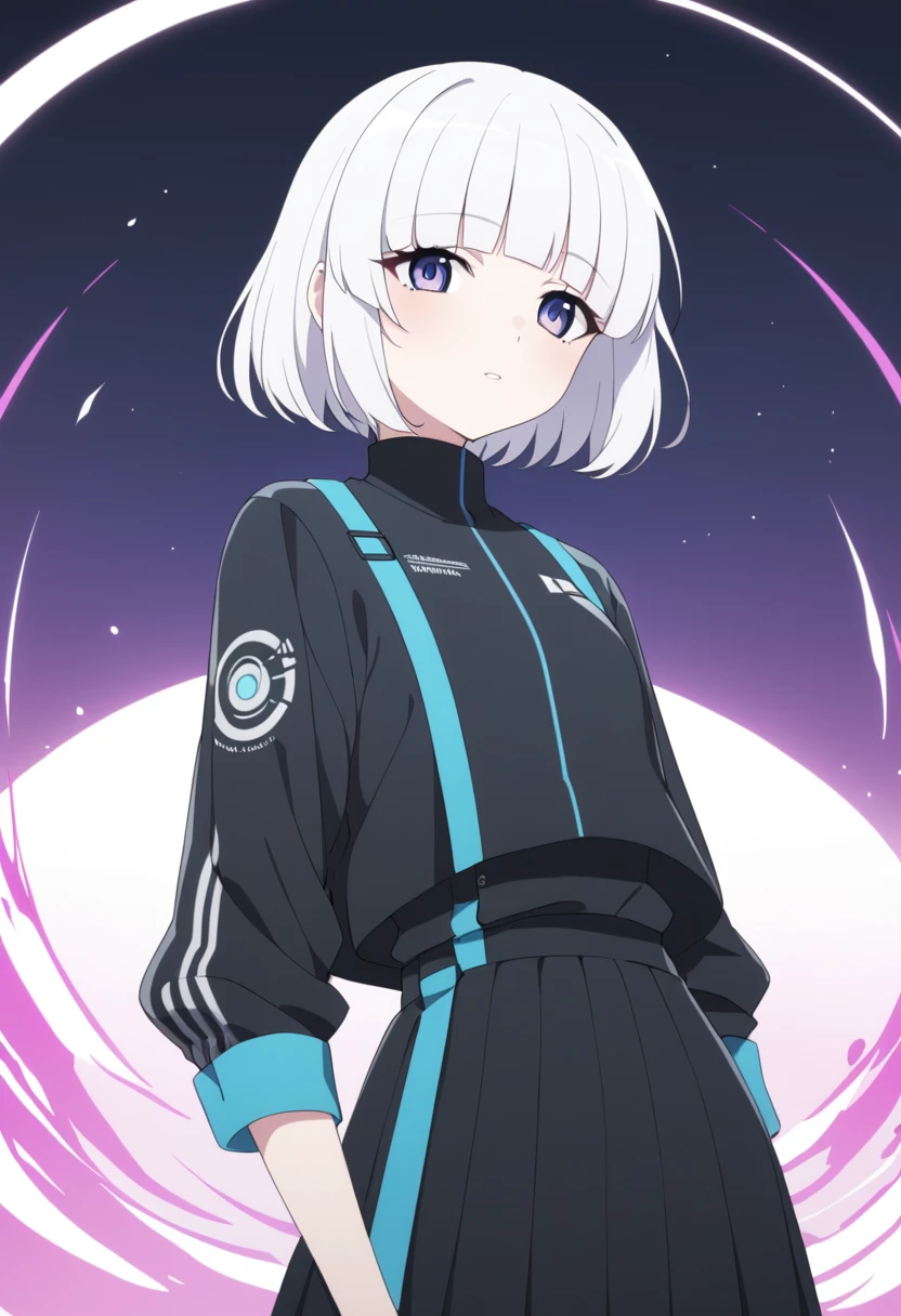 Create an anime character, feminine , blue colored eyes , short hair and, White hair, armadura semelhante ao jogo Destiny In the black color (In the black color) , and general vaporwave theme