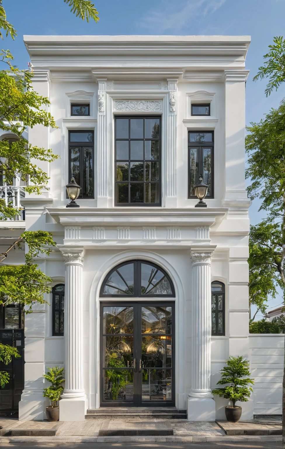 neo classical villa on street, (daylight), tropical tree, vivid colour, streetcapes, white tone, white wall, large glass door, warm interior lighting, wood and marble, best quality, 20ArchiAI_XL_NeoTH-v2