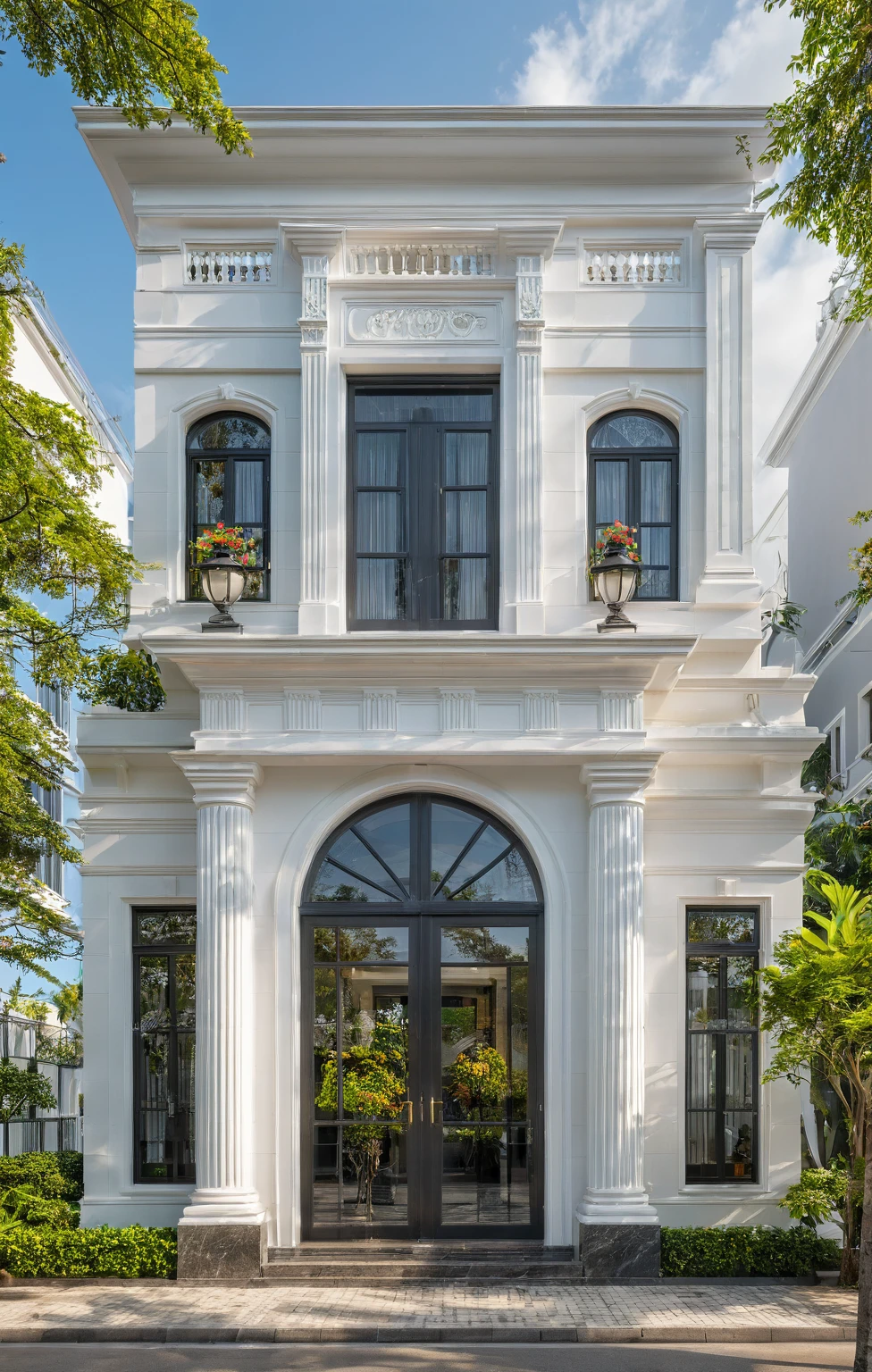 neo classical villa on street, (daylight), tropical tree, vivid colour, streetcapes, white tone, white wall, large glass door, warm interior lighting, wood and marble, best quality, 20ArchiAI_XL_NeoTH-v2