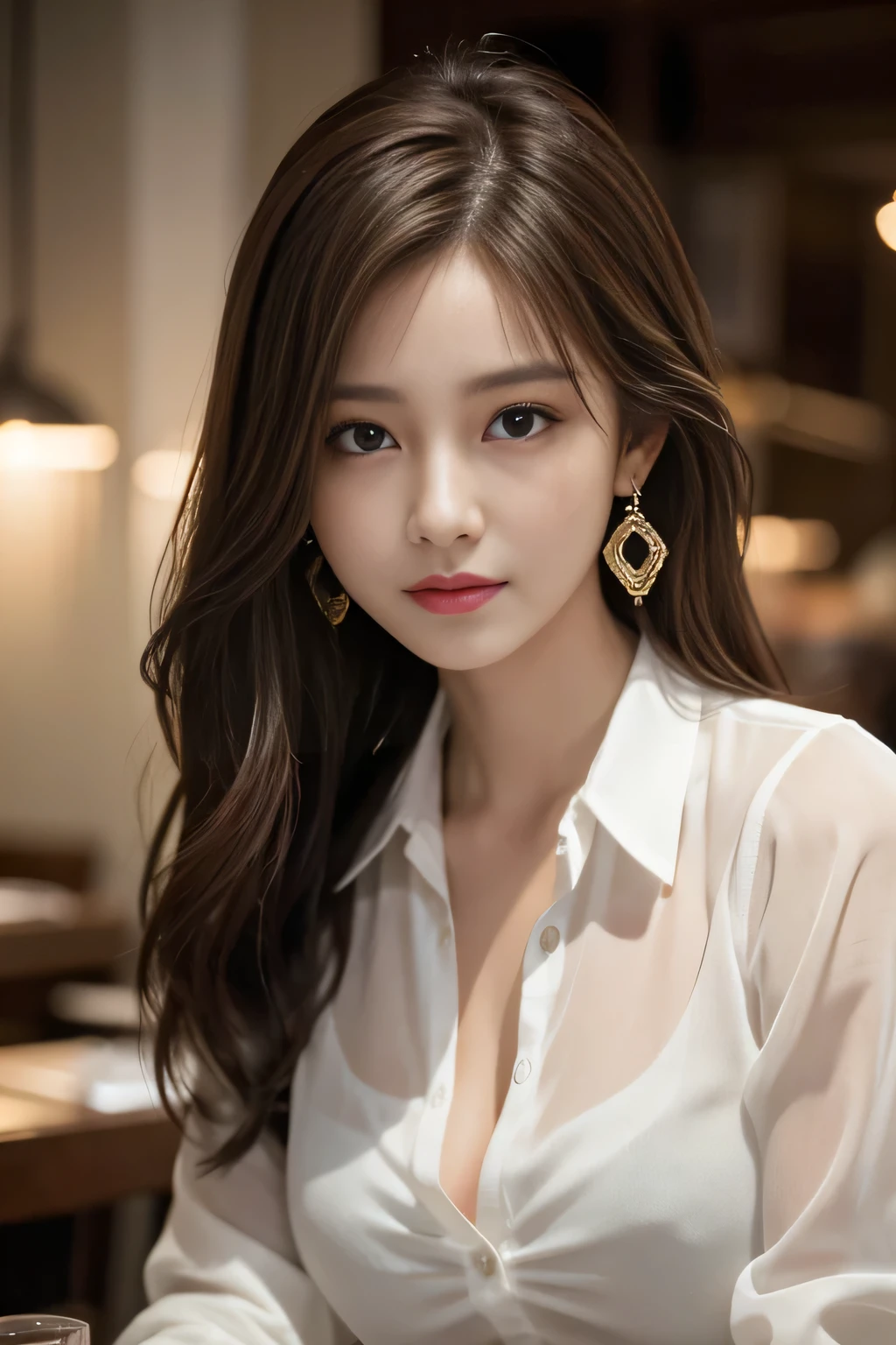 masterpiece, Highest quality, Realistic, Very detailed, Finer details, High resolution, 8k wallpaper, One beautiful woman, Wear a white see-through shirt, In a great restaurant, At night, Light brown messy hair, Perfect dynamic composition, Beautiful and beautiful eyes、Big earrings、