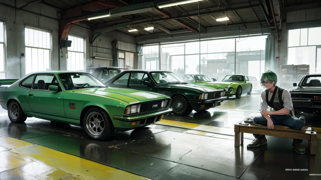 A man with green hair and glasses standing in a garage filled with racing cars, Movie still 8k, 8K Cinema Stills, Live-action movie stills, Cinematic, Japanese live-action films, A scene from a live-action movie, Tokyo Drift, Lostrun 8k, 