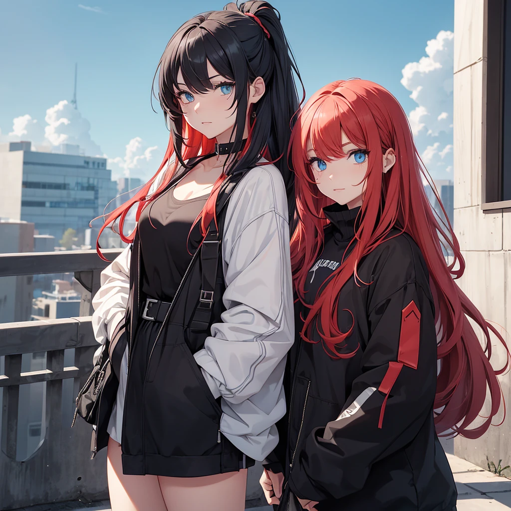 A girl with long, wavy, light red hair, She has heterochromia with one right side of her eye blue and the left side dark brown., wears black clothes and wears a black choker. A girl with long white hair and sky blue eyes, wears sunglasses with round black lenses. A girl with dark red hair tied in a ponytail and dark blue eyes. Three characters.