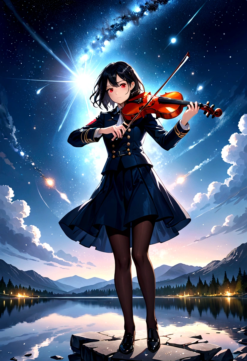 A girl in a military uniform playing the violin, with black hair and glassy red eyes, a serious gaze, under a night sky filled with stars and a single comet. She is positioned over a lake, depicted in a full shot, with light particles overflowing from her feet. The scene is sprinkled with additional light particles and has a bokeh effect. Requesting high quality, high resolution, a masterpiece, and the best shot.