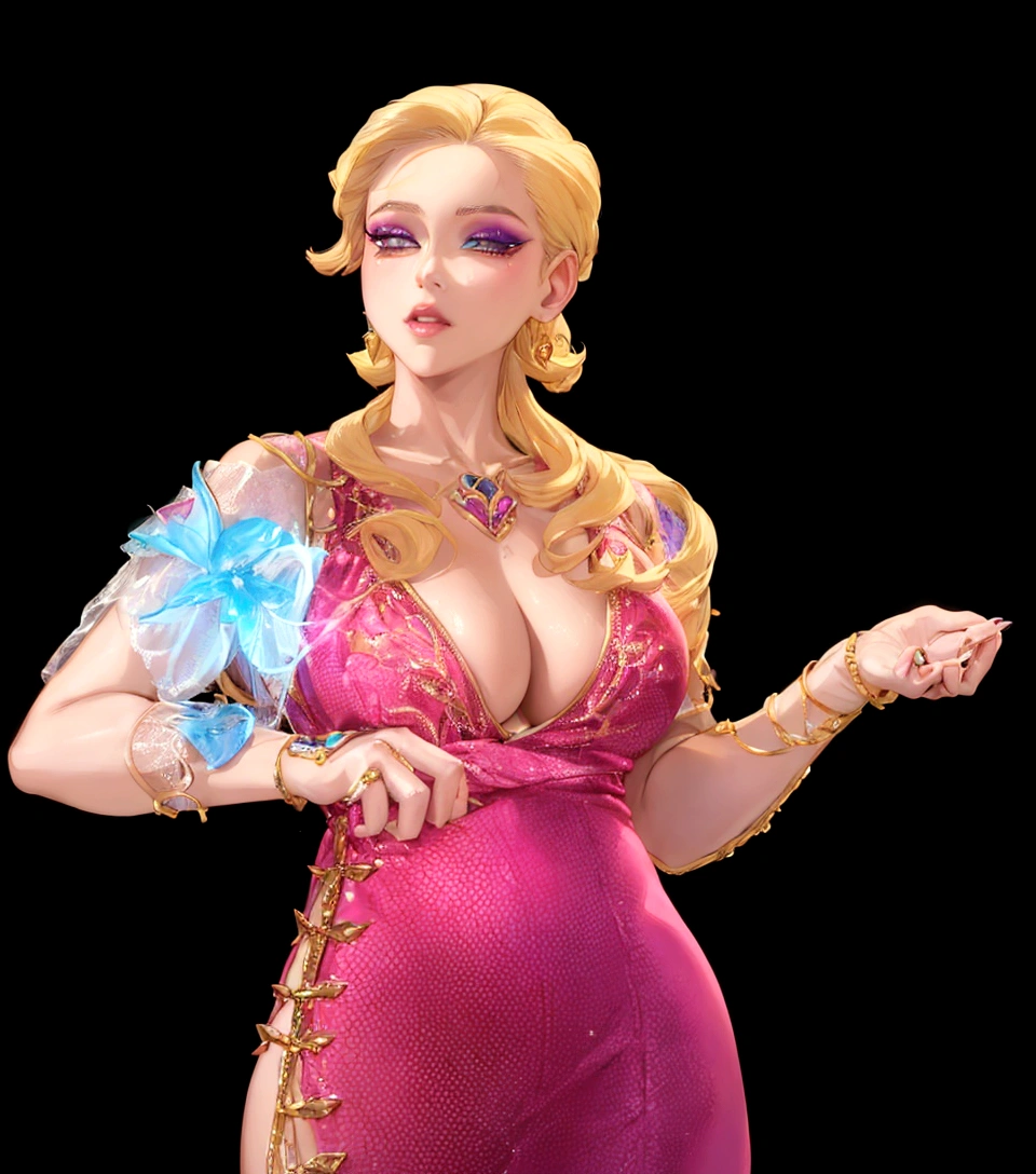 The image depicts a woman with blonde hair, wearing a vibrant pink dress with gold accents. She has a confident pose, standing with her hands on her hips and her head slightly tilted to the side. Her makeup is done in shades of pink and purple, complementing her attire. The background is black, which contrasts with her colorful outfit and highlights her as the main subject of the image.