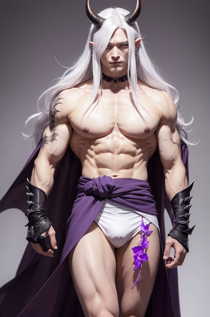 appearance is a big human demon, the right horn being bigger than the left and his long white hair and a flower born in his right eye. Skin is white with, but between your arms and legs are purple in color, a typical Japanese outfit, it only covered his entire waist to his legs and his muscular chest was completely exposed and a detail between his shoulders. Lilac left eye, the sharp teeth, sharp nail and many scars on the body. And to complement: male.