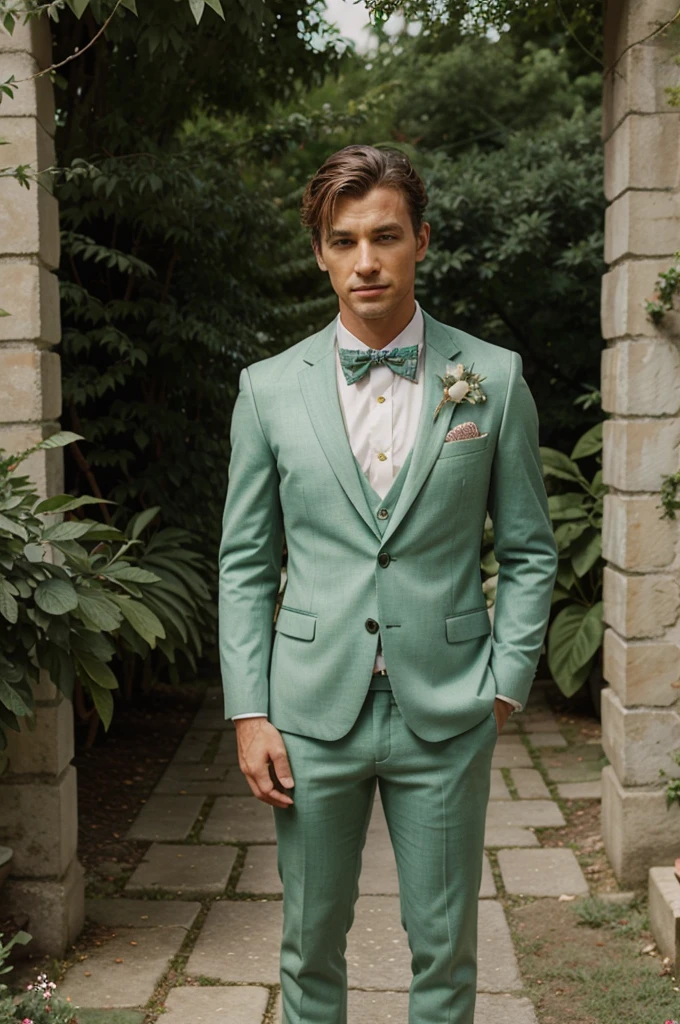 Green sage Bohem chic suit for man with floral bow tie for wedding. The bow tie is made of floral fabric. The man is standing in an floral garden