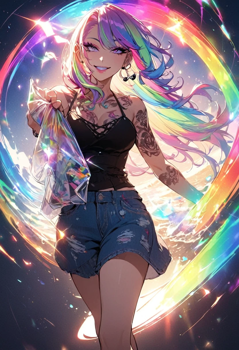 1 girl, Holo-Punk style, Rainbow hair, aretes, eyelash, ssmile, beachfront, jewerly, lips, make up, necklase, chemise, shorth hair, manga curta, ssmile, standing alone, t-chemise, tatoo, large breasted, teeths, denim trousers, black chemise, Fake Falcon, punk aesthetic, cinematic angle, foreshortening, tenebrosa, tenebrosa background, cinematic lighting, work of art, best qualityer ,