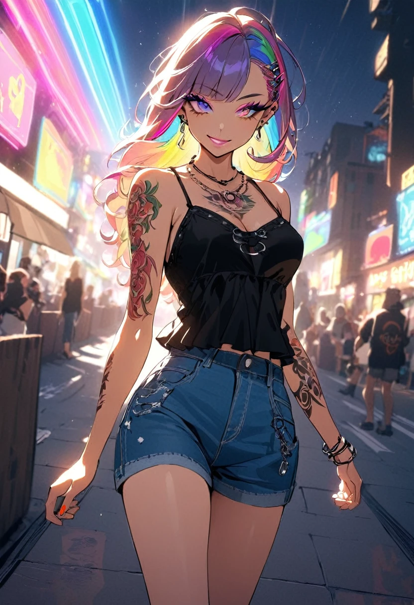 1 girl, Holo-Punk style, Rainbow hair, aretes, eyelash, ssmile, beachfront, jewerly, lips, make up, necklase, chemise, shorth hair, manga curta, ssmile, standing alone, t-chemise, tatoo, large breasted, teeths, denim trousers, black chemise, Fake Falcon, punk aesthetic, cinematic angle, foreshortening, tenebrosa, tenebrosa background, cinematic lighting, work of art, best qualityer ,