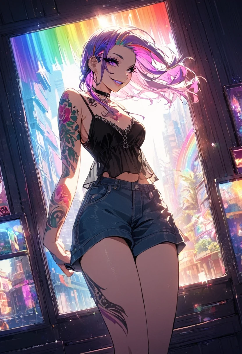 1 girl, Holo-Punk style, Rainbow hair, aretes, eyelash, ssmile, Inside the house, jewerly, lips, make up, necklase, chemise, shorth hair, manga curta, ssmile, standing alone, t-chemise, tatoo, teeths, denim trousers, white chemise, Fake Falcon, punk aesthetic, arms behind the head, cinematic angle, foreshortening, tenebrosa, tenebrosa background, cinematic lighting, work of art, best qualityer ,