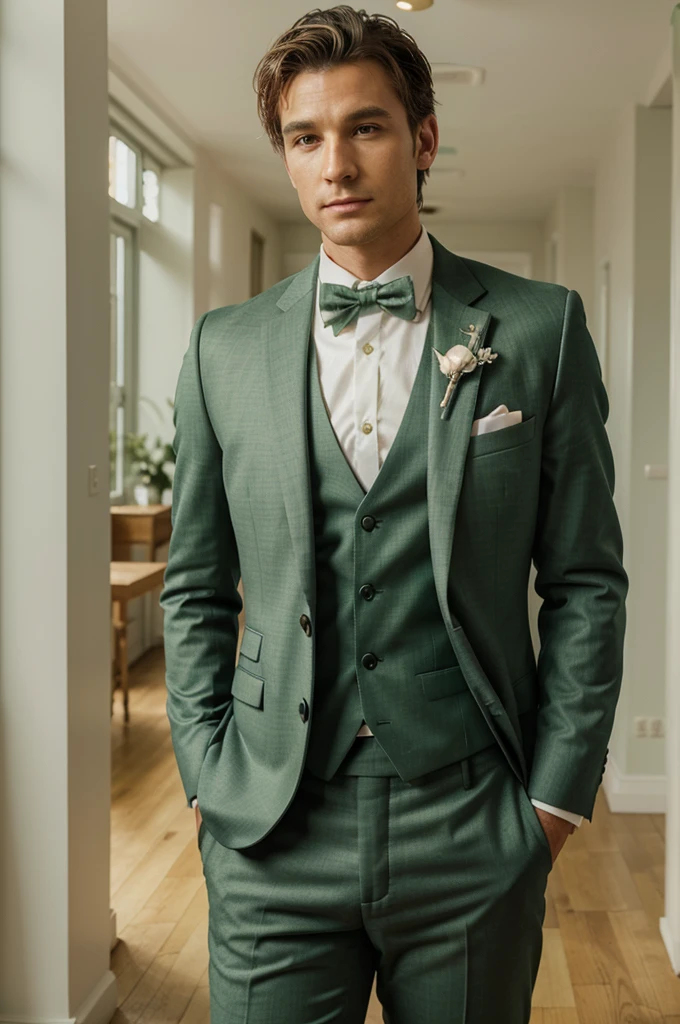 Green sage Bohem chic suit for man with floral bow tie for wedding. The bow tie is made of floral fabric. The man is standing 