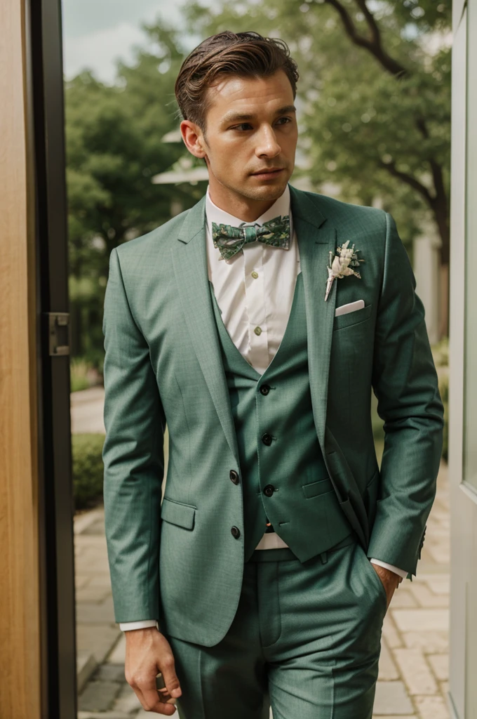 Green sage Bohem chic suit for man with floral bow tie for wedding. The bow tie is made of floral fabric. The man is standing 