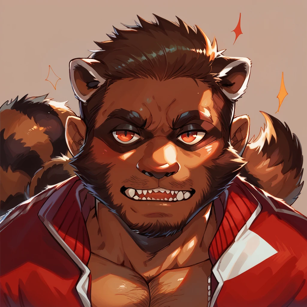 fcNeg, zPDXLxxx, zoroj, raccoon21, beard, facial hair, werewolf, tail, red varsity jacket