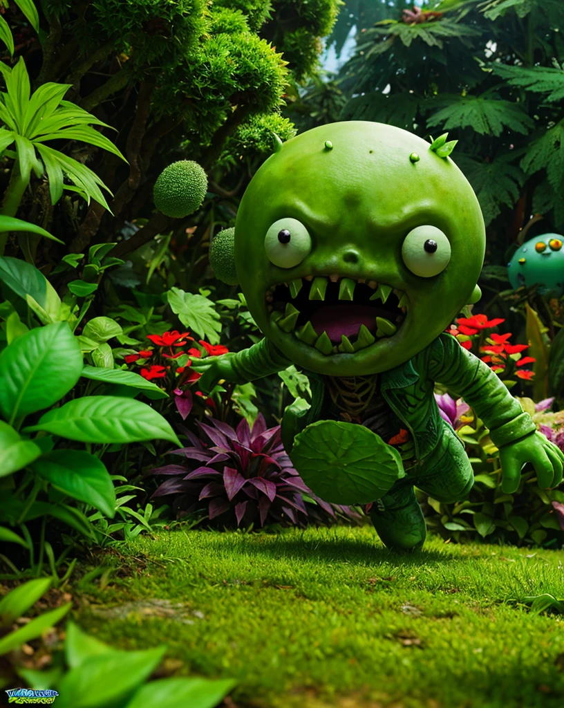 a detailed photo of plants vs zombies, fantasy landscape, lush green garden, vibrant colors, cute cartoon zombies, detailed zombie character designs, intricate plants and vegetation, dynamic action scene, 4k, high resolution, photorealistic, masterpiece, 1.2, extremely detailed, sharp focus, vivid colors, vivid lighting, studio lighting, glossy plants, cinematic composition
