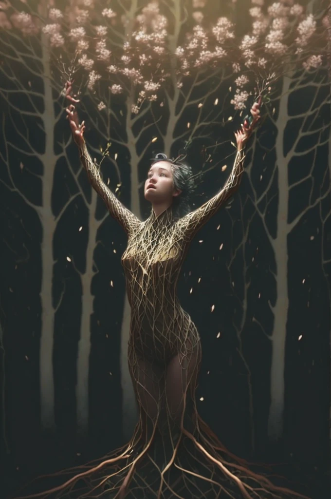 ((masterpiece)),(best quality), Ent, living tree, arms spread wide, looking up, Wood texture, colored bark, colored foliage, 1girl, full body, yellow eyes, springtime, beautiful face, flowering tree, petals on the breeze, pink flowers, forest glade, nature, outdoors plant scenery sky tree, fractal, long dark green hair