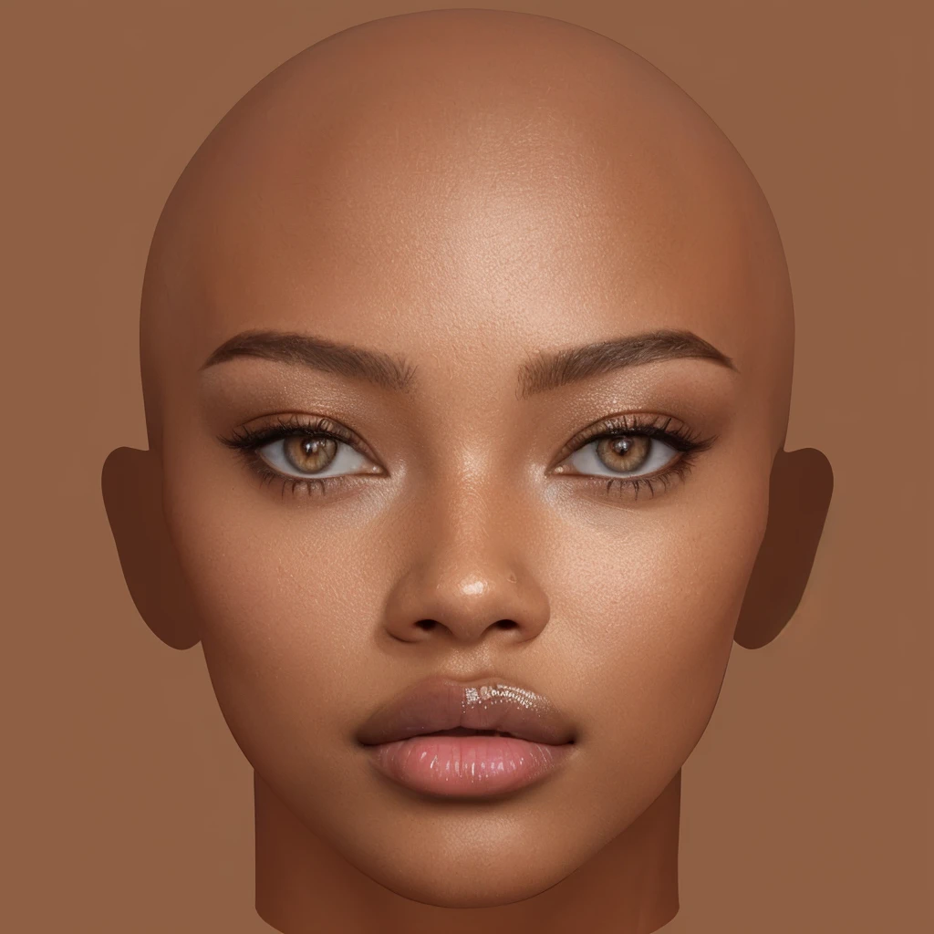 a close up of a woman with a bald head and a brown background, with very highly detailed face, highly detailed realistic face, detailed realistic face, natural face, skin with glam light, realistic beautiful face, beautiful realistic face, brown skin