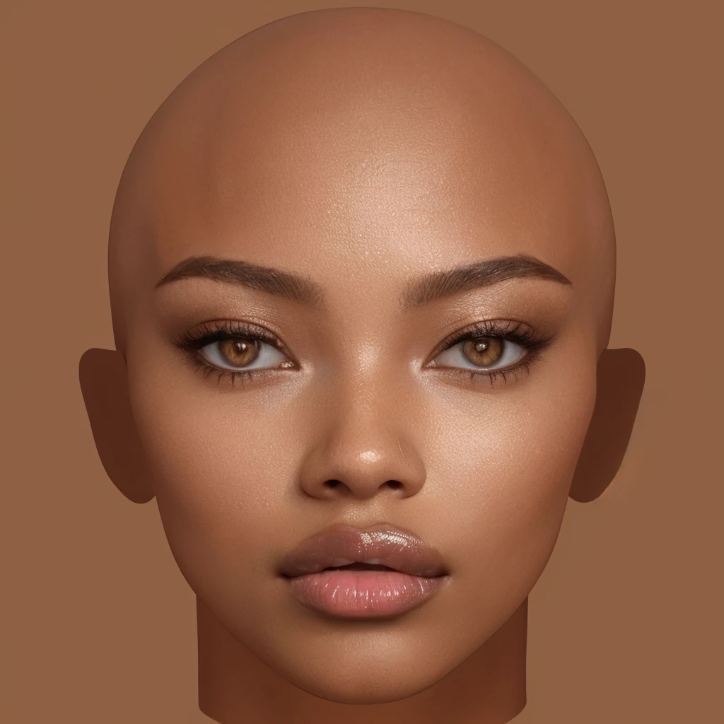 a close up of a woman with a bald head and a brown background, with very highly detailed face, highly detailed realistic face, detailed realistic face, natural face, skin with glam light, realistic beautiful face, beautiful realistic face, brown skin