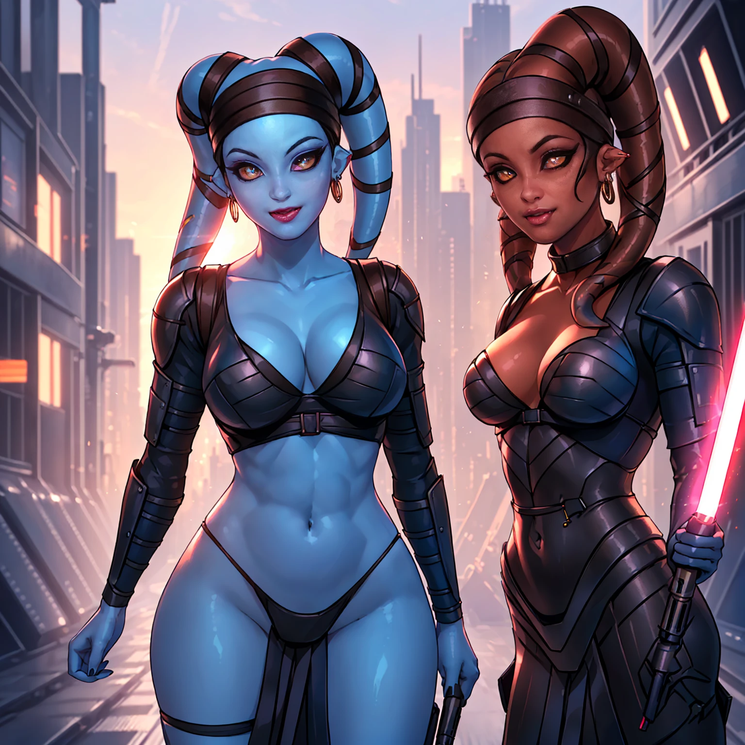 aayla secura, ((tentacle hair, glowing brown eyes, wide eyes, lipstick, makeup, narrow waist, skinny, medium breasts, earrings, alone, twi'lek, blue skin)), pelvic curtain, ((armor, black panties, armor cruzade)), full body, perfect body, (insanely detailed, beautiful detailed face, masterpiece, best quality) , (((solo))), (((1girl))), (((mature))), (extremely detailed 8k paper CG wall unit: 1.1), (city, cyberpunk, dusk), (smile face for the viewer), figthing pose, jediwithlightsaber