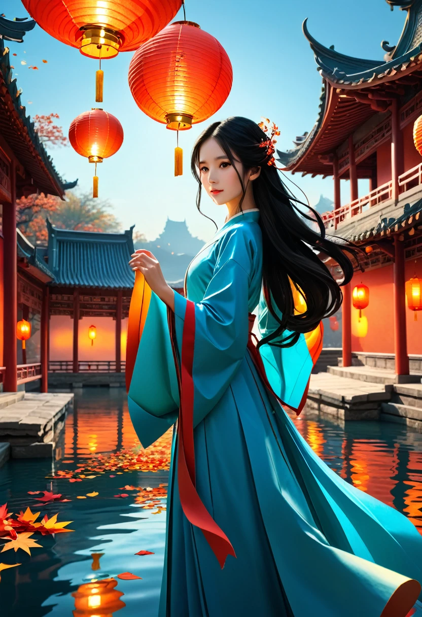 official art, unity 8k wallpaper, (masterpiece:1.2), (epic composition:1.4), (talent:1.2), ultra detailed, cinematic lighting, highly detailed, insanely detailed, (photorealistic:1.2), hdr, 8k, exquisite, sharp, elegant, ambient lighting, fantasy vivid colors, high quality, (Fire, water, ribbon, paper cutting), (fractal art:1.3) 1girl,building, (solo:1.5), chinese_clothes, sky, outdoors, wide_sleeves, black_hair, sunset, (falling_leaves:1.2), antern, (paper_lantern:1.5),blue sky, (outdoors:1.5),hanfu, (rainbow-candy:0.8), (style-swirlmagic:0.8),