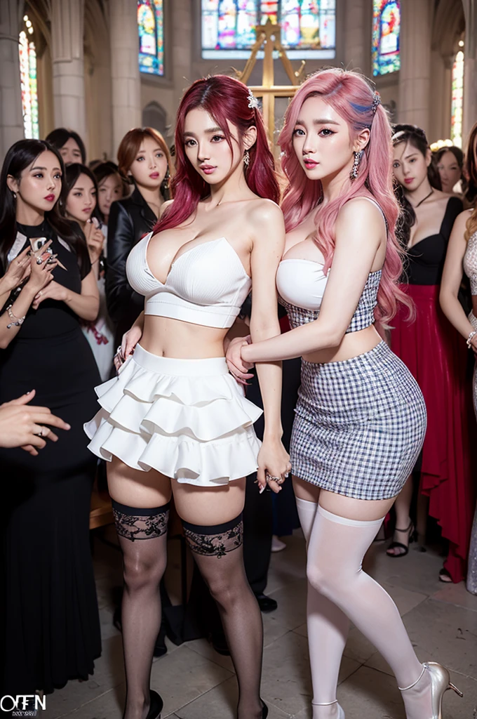 best quality, Clarity, 4k, 8k, detail, actual K-pop stars, ((group photo:1.5)), 3 ultra seductive K-pop superstar brides 22 year old ultra sexual angelic and incredibly gorgeous supermodel bride Girls standing together, (Korean makeup:1.3), Red lips, high quality hands, pink and blue hair, Perfect body, sexy thigh highs, seductive pose standing, FF cupped large breasts, glistening skin, Graffiti crop top, Deep cleavage, cute Checkered striped bridal mini skirt, standing in a beautiful gothic church