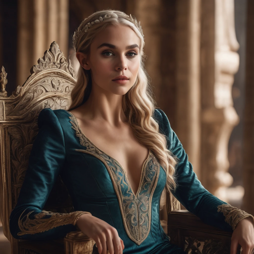 Ultra-detailed upper body photo of seductive royal elf female, pretty face, majestic dress, sitting on a majestic chair, in a grand fantasy castle hall, shallow depth of field, cinematic lighting, Nikon D850, (highly detailed:1.2), (soft focus), film still, HDR, 8k