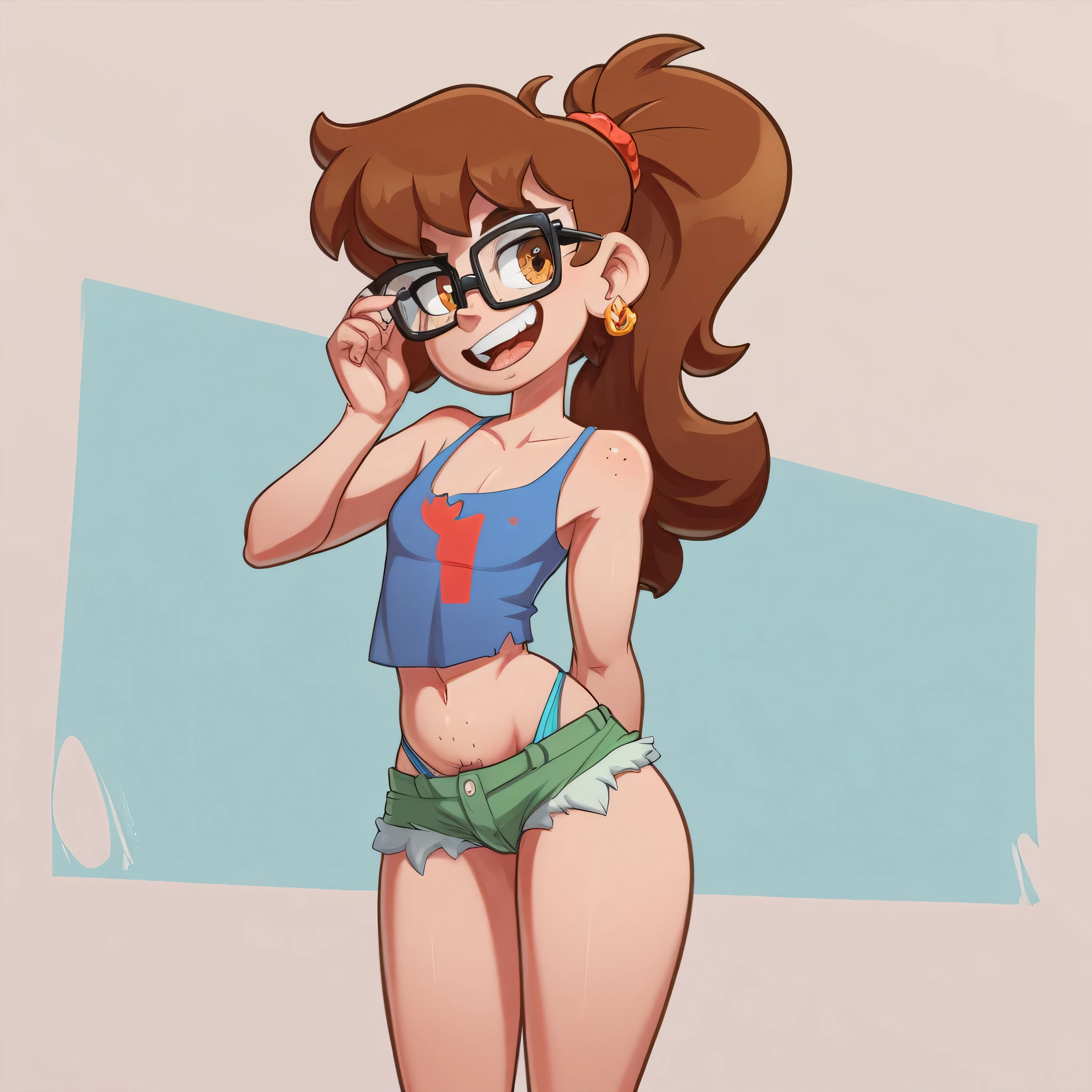 Ralph Bakshi Style, brown eyed skinny:2.5 brunette girl with long styled hair and black_glasses, nudity:1.5, (extreme nsfw):2.5, torn tanktop, (flatchested):2.0, lewd:2.0, (pubic_stubble):3.0