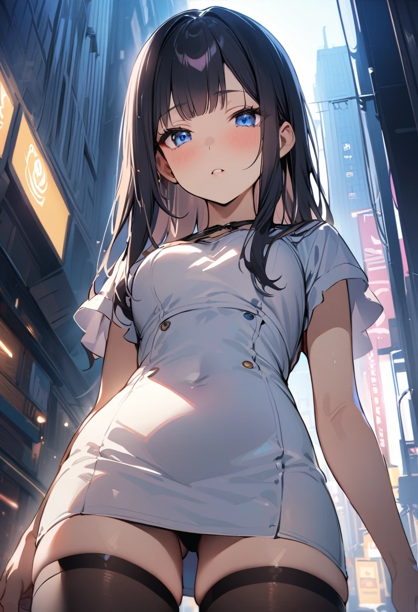 1 girl, long hair, black hair, straight hair, short bangs above brows, half closed eyes, blue eyes, looking away
BREAK (masterpiece), (high resolution 8K), cinematic lighting, professional lighting, detailed eyes and face, detailed body,
BREAK blouse, thighhighs, mini skirt, cowboy shot, from below,
BREAK outdoors, in the city, on the street,
