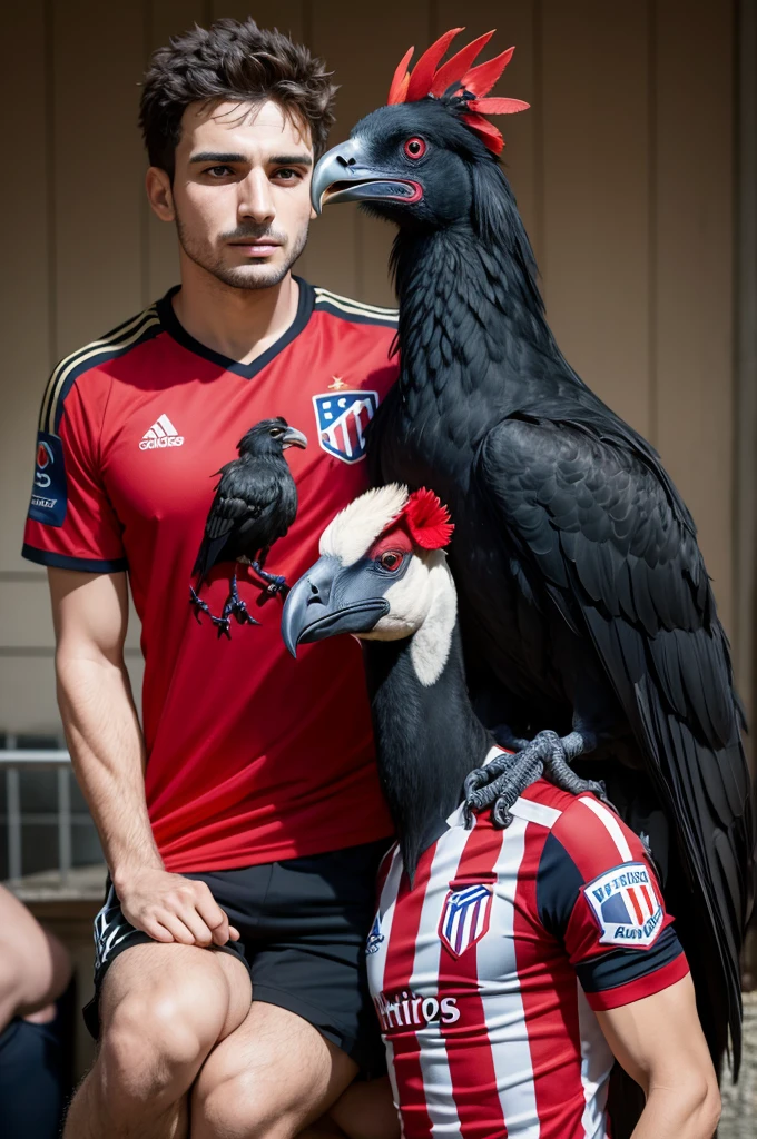 a vulture in a red-black shirt holding a rooster dressed in the colors of Atlético Mineiro in its mouth. 