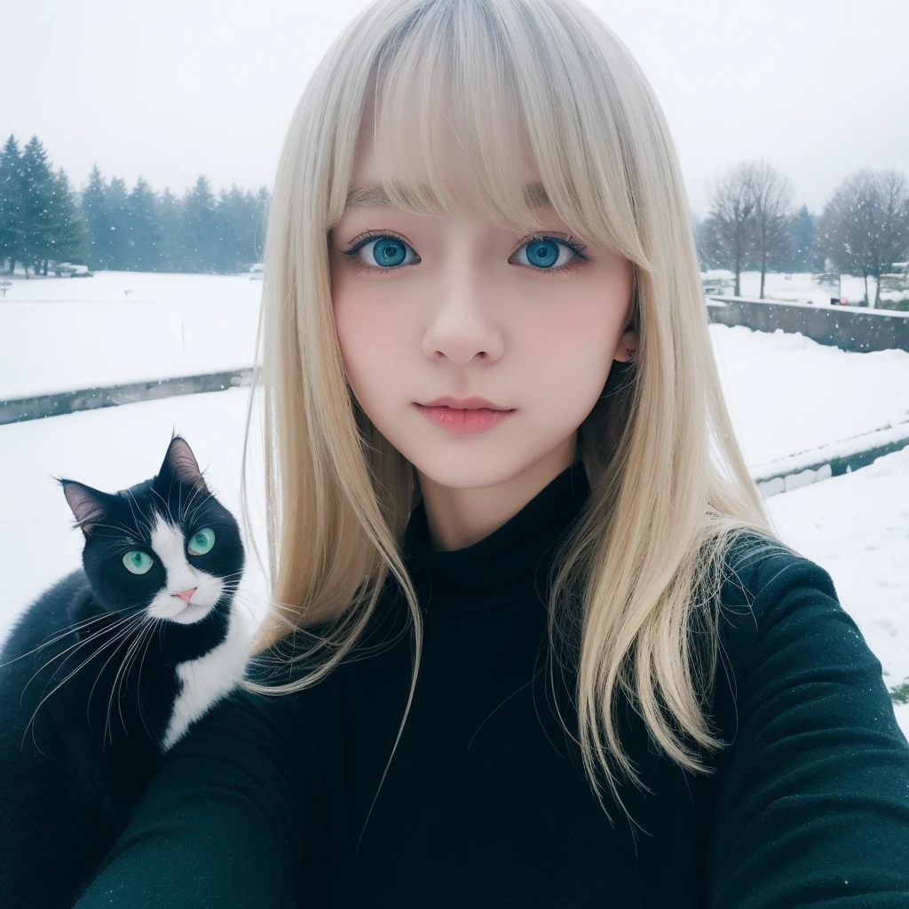 Tall blonde teenage girl with bangs and blue-green eyes taking photo alone with her iPhone 14 in the snow and her black cat 