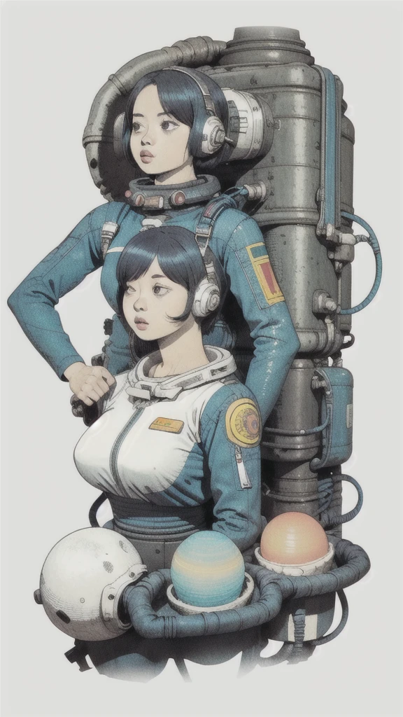 monochromatic、Girl、Asian、Moderate bust、Simple Background、Retro space suit、slender、