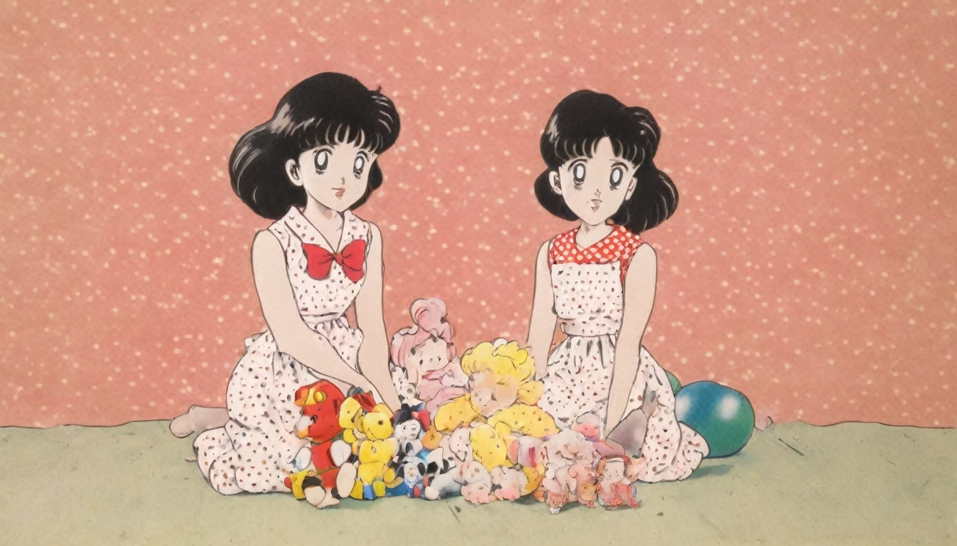 Showa era, cute retro girl, polka dot dress, bright colors, emotional and whimsical, vintage toys, pastel background, high resolution, nostalgic Japanese room, playful vibe