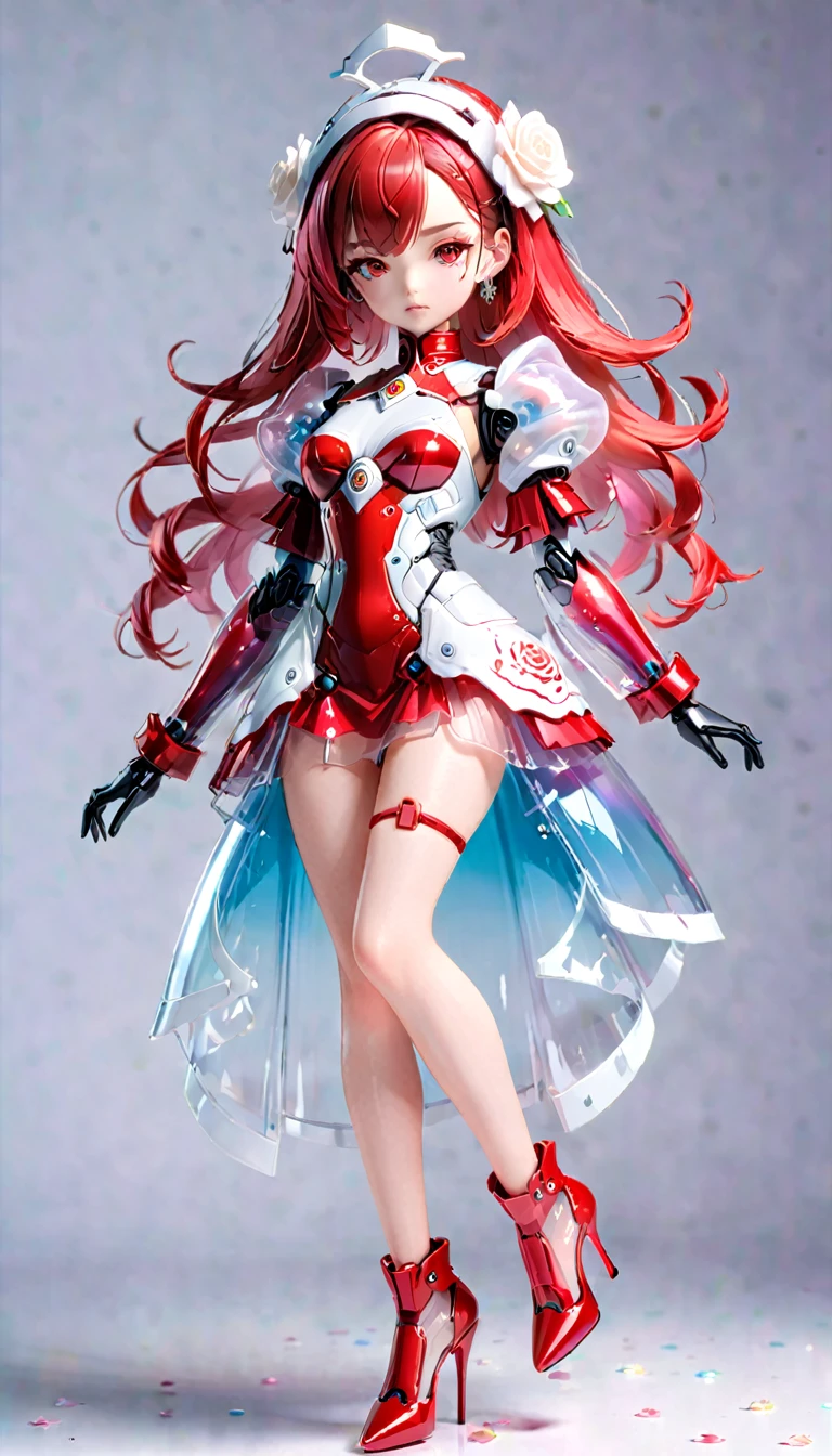 ((Full body photo, standing, feet on the ground))  (Blind Box Spielzeug Stil:1.2),full body, solo,white background,(A female robot in a transparent White and red gradients rose dress, wearing gloves and high heels),(Chinese color,Very colorful), 3D