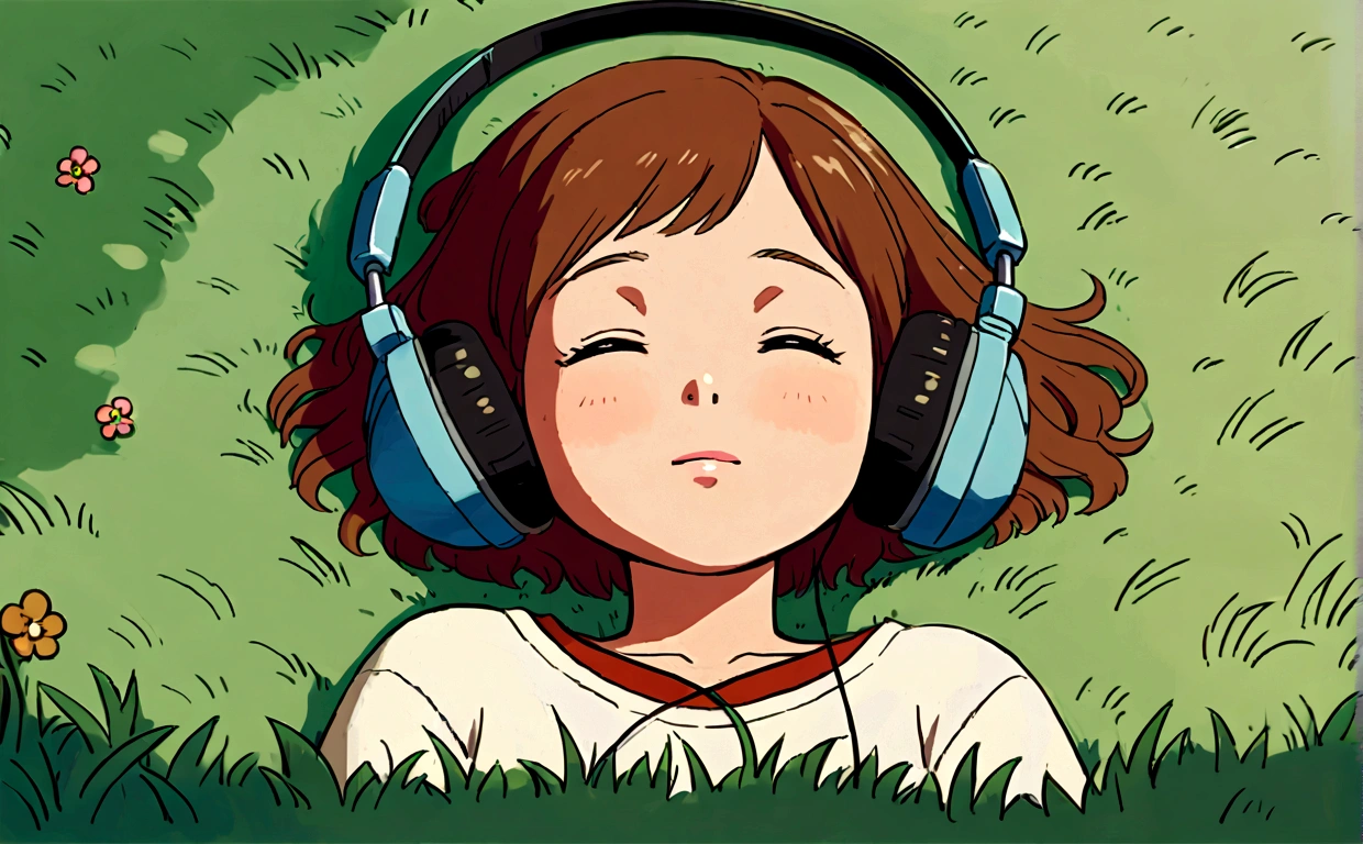 a young girl lying on the grass listening to music, Studio Ghibli style, leaves drifting, aesthetic, simple, calm, serene, chill, ghibli, anime, ethereal 