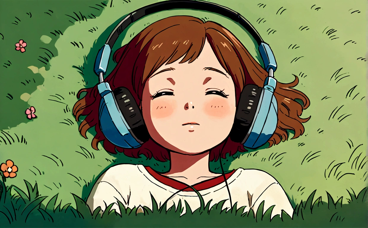 a young girl lying on the grass listening to music, Studio Ghibli style, leaves drifting, aesthetic, simple, calm, serene, chill, ghibli, anime, ethereal 