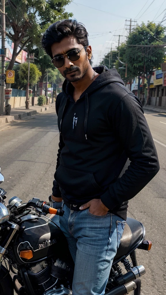 Hot Indian guy wearing a black hoodie, jeans and sunglasses on a motorcycle in th roads of noida