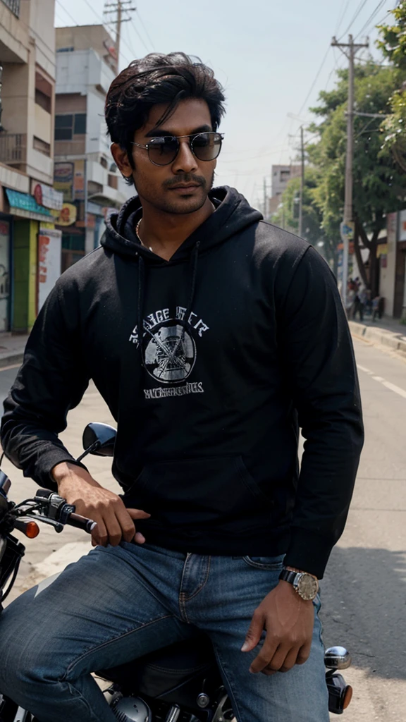 Hot Indian guy wearing a black hoodie, jeans and sunglasses on a motorcycle in th roads of noida