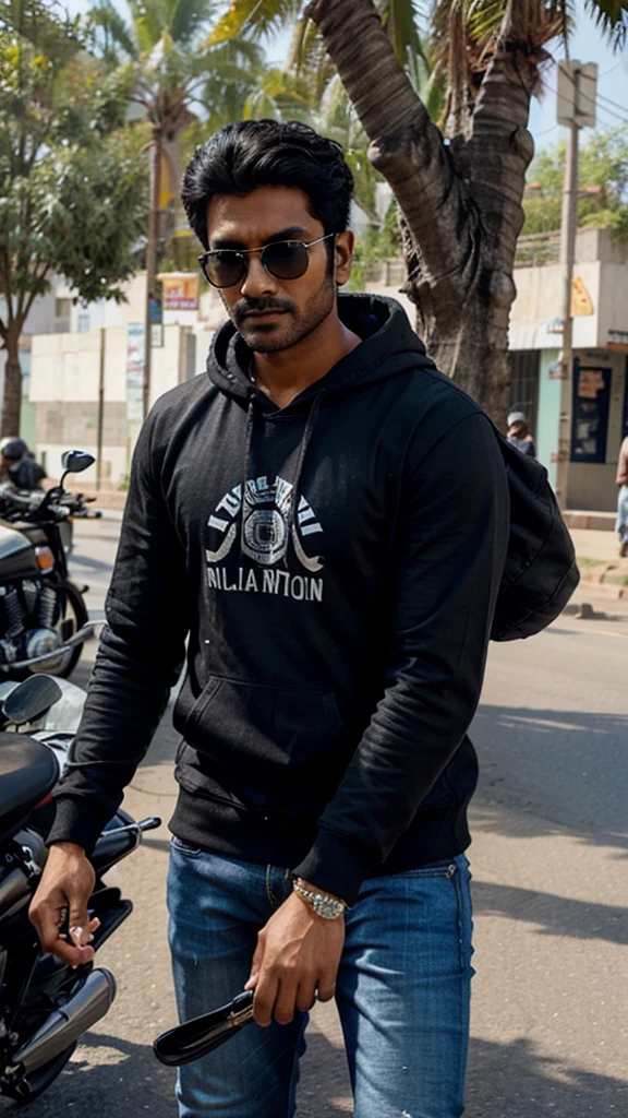 Hot Indian guy wearing a black hoodie, jeans and sunglasses on a motorcycle in th roads of noida