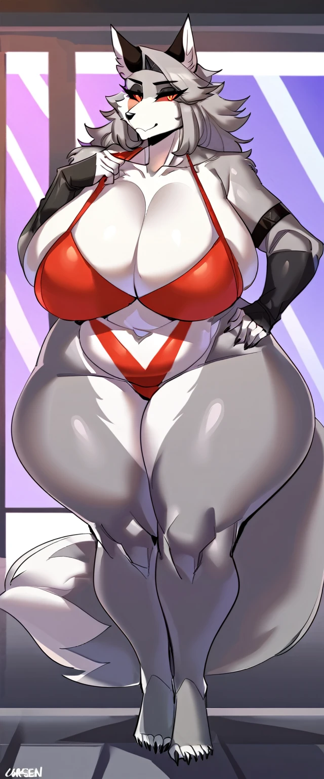 (((highly detailed, high quality, masterpiece, beautiful))), (((full shot))), (((full body view))), (((front body))), (((front view))), Loona, (((by carsen, by JMG))), solo, (((mature female))), (((mommy female))), (((athletic female))), (((taller female))), (((large body))), (((voluptuous body))), sensual body, curvy figure, curvaceous, absurd res, hi res, Candid, canine, canis, wolf, mammal, (((white body))), white fur, white inner ear, black ears, (((dark grey tuft cheeks))), (((dark grey shoulders))), dark grey top tail, grey hair, (((red sclera))), white eyes, black eyebrowns, black nose, black claws, wolf ear, long Ears, notched ear, narrow eye, thick eyebrowns, (((raised inner brow and brow lowed eyebrown))), eyelashes, eyeliner, Big nose, (long snout), (((Tuft cheeks))), ((( tuft, long cheeks))), long hair, fluffy hair, lock of hair on the forehead covering the right eye, hair over eye, one eye obstructed, (((large breasts))), soft abd, (((large back))), humanoid feet, humanoid hands, 5 fingers, 5 toes, claws, (((busty))), (((long tail))), fluffy tail, wide hips, (((large hips))), (((Big ass))), (((large ass))), (((bubble ass))), (((soft ass))), (((thick thighs))), huge thighs, (((large thighs))), (((large legs))), standing, plantigrade, cameltoes, (((feet detail))), signature, (((horny face))), smile, (((looking at viewer))), (((roxanne wolf cosplay))), (((cleavage))), in a spaceship next to a large window space
