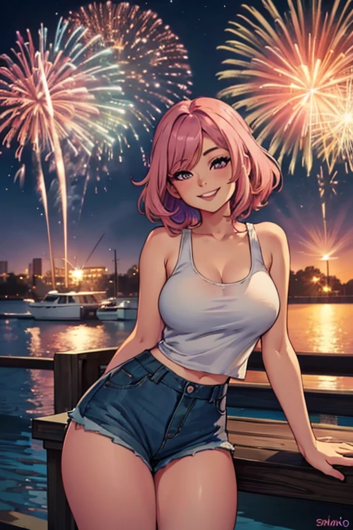 A pink haired woman with violet eyes with an hourglass figure in a cute tank top and shorts is watching fireworks on the dock with a big smile. 