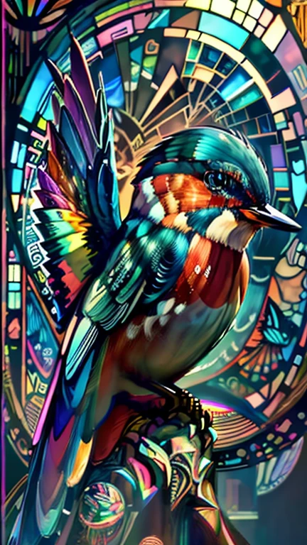 Realistic stained glass windows depicting a colorful aviary filled with flying birds, inspired by the works of Louis Comfort Tiffany and Frank Lloyd Wright, bright colors, detailed craftsmanship, perspective shot