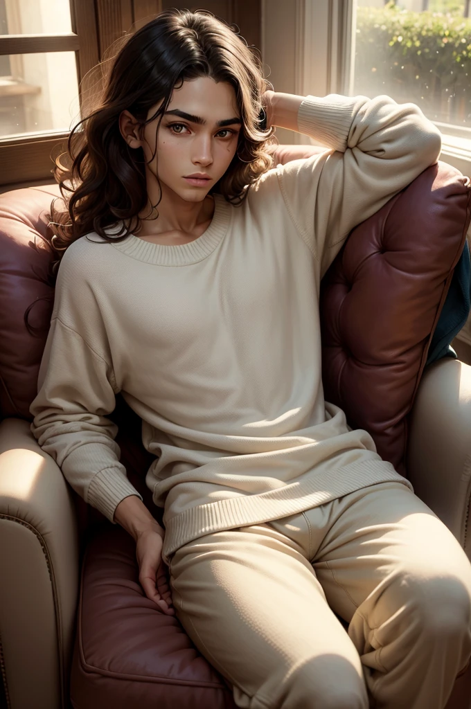 Loose Clothes, bandages and dressings, sitting in an armchair, reading, mansion, next to the window, Youngh, adolescent, strong jaw line, relaxed features, short wavy hair, caramel skin, hazel eyes, Arabic, Kizi, shorth hair, Loose Clothes, sweater, pants