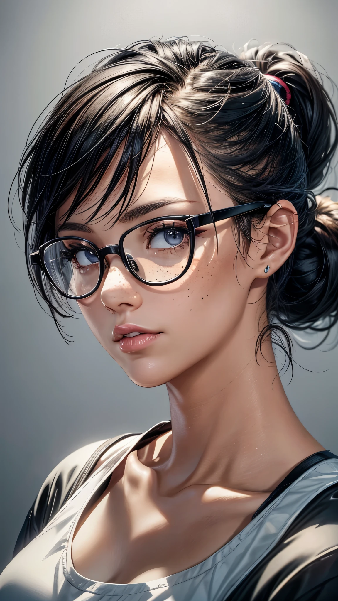 white naked 20 yo sexy girl with black hair, small breasts, pussy, round silver glasses, brown eyes, without clothes, brown skin color, straight nose, straight jaw, round chin, no bangs
